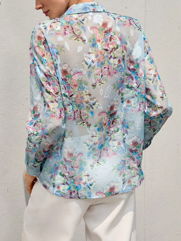 Aveloria Modichic French Romantic Floral 3D Print Lapel Collar Sheer Long Sleeve Shirt For Women