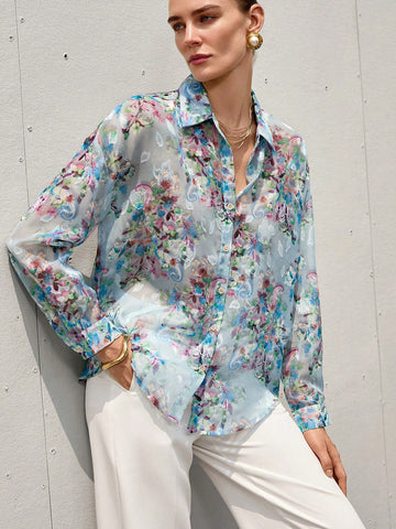 Aveloria Modichic French Romantic Floral 3D Print Lapel Collar Sheer Long Sleeve Shirt For Women