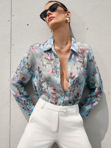 Aveloria Modichic French Romantic Floral 3D Print Lapel Collar Sheer Long Sleeve Shirt For Women