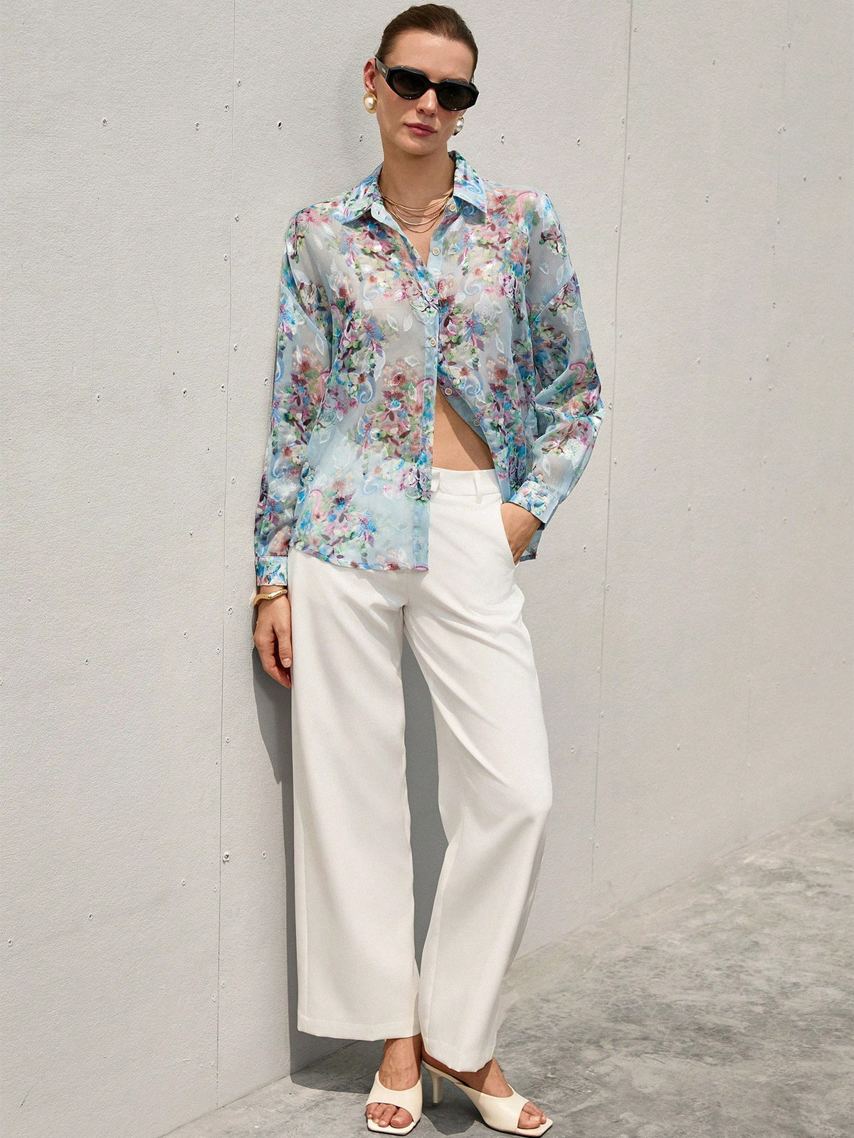 Aveloria Modichic French Romantic Floral 3D Print Lapel Collar Sheer Long Sleeve Shirt For Women