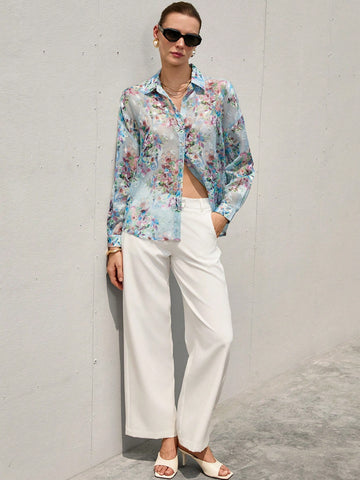 Aveloria Modichic French Romantic Floral 3D Print Lapel Collar Sheer Long Sleeve Shirt For Women