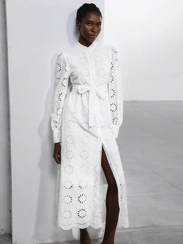 Aveloria Modichic French Romantic Light Vacation Style Stand Collar Belt Decor Hollow Embroidery Long Sleeve Dress For Women, Spring/Autumn