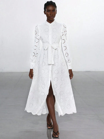 Aveloria Modichic French Romantic Light Vacation Style Stand Collar Belt Decor Hollow Embroidery Long Sleeve Dress For Women, Spring/Autumn