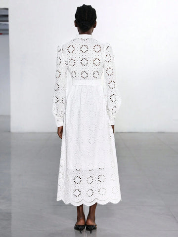 Aveloria Modichic French Romantic Light Vacation Style Stand Collar Belt Decor Hollow Embroidery Long Sleeve Dress For Women, Spring/Autumn