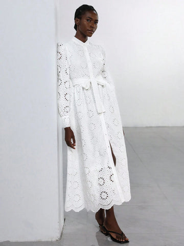 Aveloria Modichic French Romantic Light Vacation Style Stand Collar Belt Decor Hollow Embroidery Long Sleeve Dress For Women, Spring/Autumn