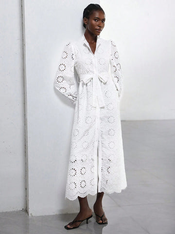 Aveloria Modichic French Romantic Light Vacation Style Stand Collar Belt Decor Hollow Embroidery Long Sleeve Dress For Women, Spring/Autumn