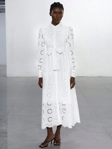 Aveloria Modichic French Romantic Light Vacation Style Stand Collar Belt Decor Hollow Embroidery Long Sleeve Dress For Women, Spring/Autumn