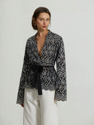 Aveloria Modichic French Style Casual Cutwork Embroidered Self-Tie Waist V-Neck Wrapped Lantern Sleev