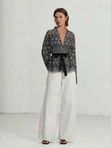 Aveloria Modichic French Style Casual Cutwork Embroidered Self-Tie Waist V-Neck Wrapped Lantern Sleev