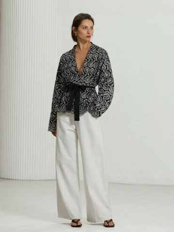 Aveloria Modichic French Style Casual Cutwork Embroidered Self-Tie Waist V-Neck Wrapped Lantern Sleev