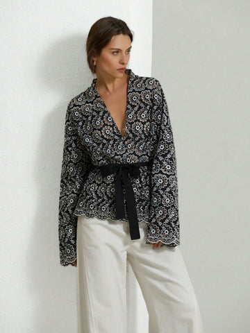 Aveloria Modichic French Style Casual Cutwork Embroidered Self-Tie Waist V-Neck Wrapped Lantern Sleev