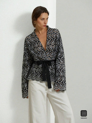 Aveloria Modichic French Style Casual Cutwork Embroidered Self-Tie Waist V-Neck Wrapped Lantern Sleev