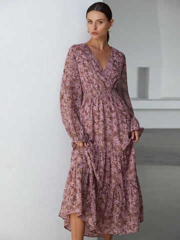 Aveloria Modichic French Style Elegant Waist Drawstring Shirred Random Floral Print Long Sleeve Dress