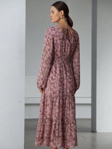 Aveloria Modichic French Style Elegant Waist Drawstring Shirred Random Floral Print Long Sleeve Dress