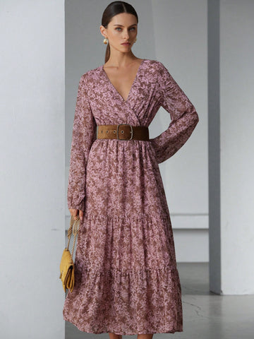 Aveloria Modichic French Style Elegant Waist Drawstring Shirred Random Floral Print Long Sleeve Dress