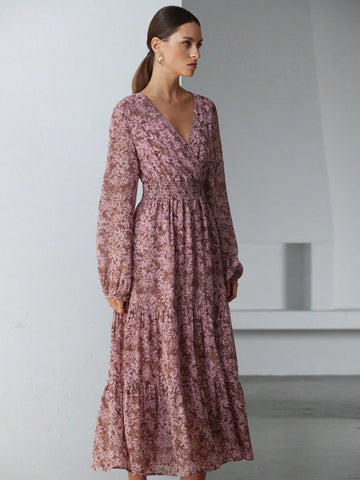 Aveloria Modichic French Style Elegant Waist Drawstring Shirred Random Floral Print Long Sleeve Dress