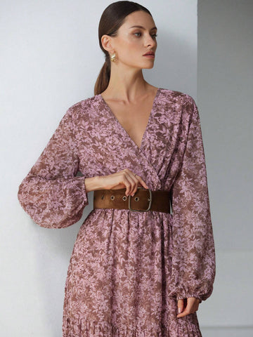 Aveloria Modichic French Style Elegant Waist Drawstring Shirred Random Floral Print Long Sleeve Dress