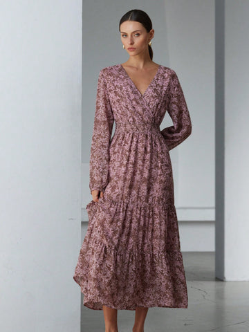 Aveloria Modichic French Style Elegant Waist Drawstring Shirred Random Floral Print Long Sleeve Dress