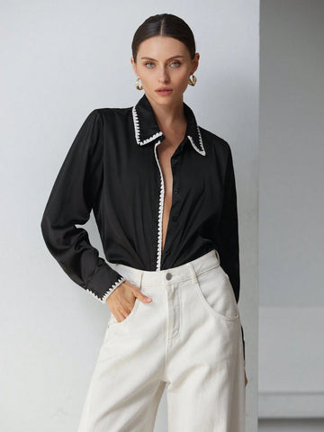 Pink Color Plant Print Color Long Lantern Sleeve Loose Casual Blouse For Fashionable