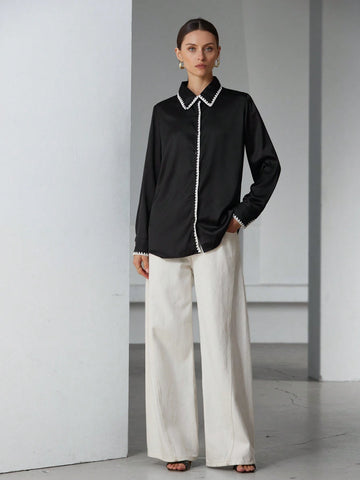 Pink Color Plant Print Color Long Lantern Sleeve Loose Casual Blouse For Fashionable