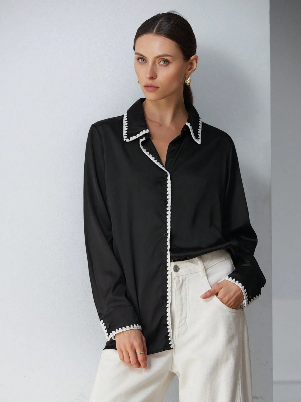 Pink Color Plant Print Color Long Lantern Sleeve Loose Casual Blouse For Fashionable