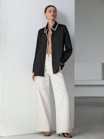 Pink Color Plant Print Color Long Lantern Sleeve Loose Casual Blouse For Fashionable