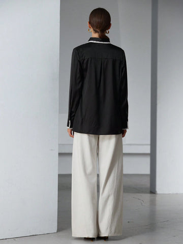 Pink Color Plant Print Color Long Lantern Sleeve Loose Casual Blouse For Fashionable