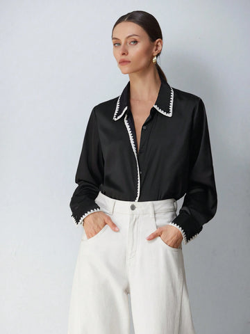 Pink Color Plant Print Color Long Lantern Sleeve Loose Casual Blouse For Fashionable