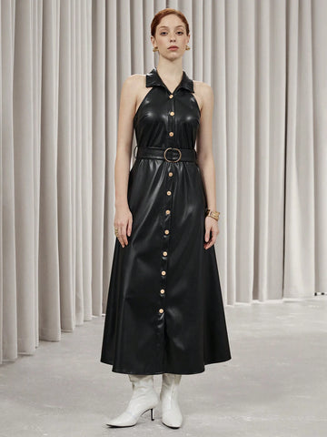 Aveloria Modichic High-End Elegant Business Attire Long Dress, Lapel Collar, Black Faux Leather Fabric, Tie-Belt & Button Closure, Sleeveless Design