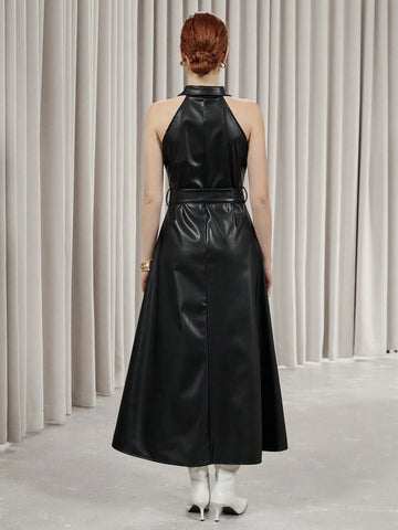 Aveloria Modichic High-End Elegant Business Attire Long Dress, Lapel Collar, Black Faux Leather Fabric, Tie-Belt & Button Closure, Sleeveless Design
