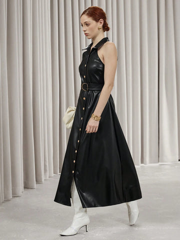 Aveloria Modichic High-End Elegant Business Attire Long Dress, Lapel Collar, Black Faux Leather Fabric, Tie-Belt & Button Closure, Sleeveless Design