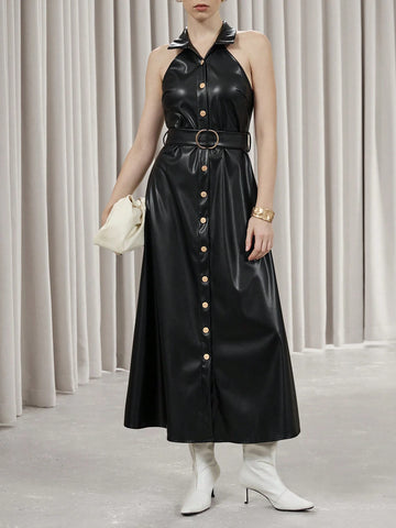 Aveloria Modichic High-End Elegant Business Attire Long Dress, Lapel Collar, Black Faux Leather Fabric, Tie-Belt & Button Closure, Sleeveless Design