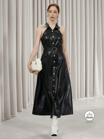 Aveloria Modichic High-End Elegant Business Attire Long Dress, Lapel Collar, Black Faux Leather Fabric, Tie-Belt & Button Closure, Sleeveless Design