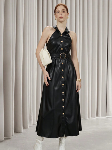Aveloria Modichic High-End Elegant Business Attire Long Dress, Lapel Collar, Black Faux Leather Fabric, Tie-Belt & Button Closure, Sleeveless Design