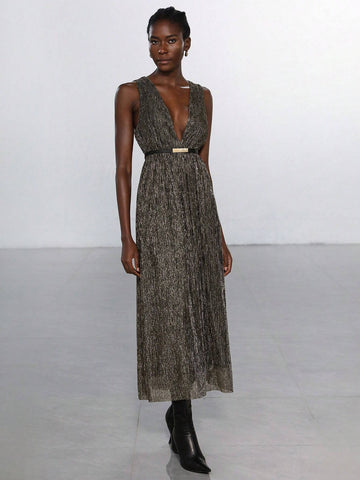 Aveloria Modichic High-End Luxury Sparkling Toothpick Pleated Deep V Waist Sleeveless Dress For Women