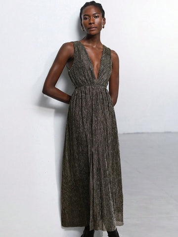 Aveloria Modichic High-End Luxury Sparkling Toothpick Pleated Deep V Waist Sleeveless Dress For Women