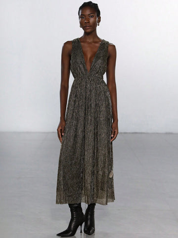 Aveloria Modichic High-End Luxury Sparkling Toothpick Pleated Deep V Waist Sleeveless Dress For Women