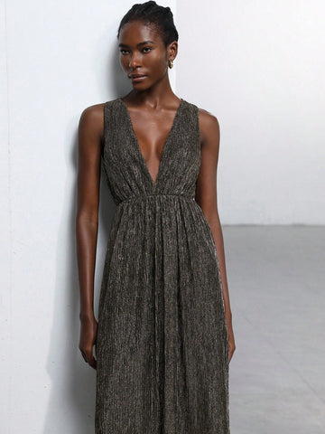 Aveloria Modichic High-End Luxury Sparkling Toothpick Pleated Deep V Waist Sleeveless Dress For Women