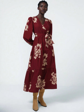 Aveloria Modichic Long Sleeve Women's Dress With Floral Print On Red Background, French Encore Design, Cinched Waist Waist Tea Length