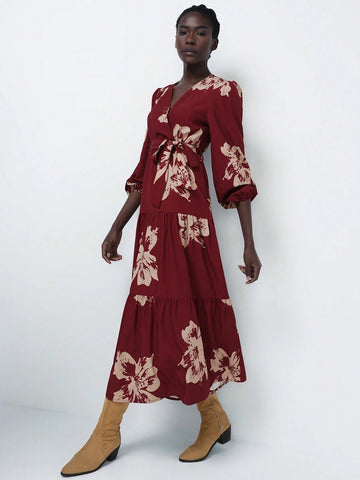 Aveloria Modichic Long Sleeve Women's Dress With Floral Print On Red Background, French Encore Design, Cinched Waist Waist Tea Length