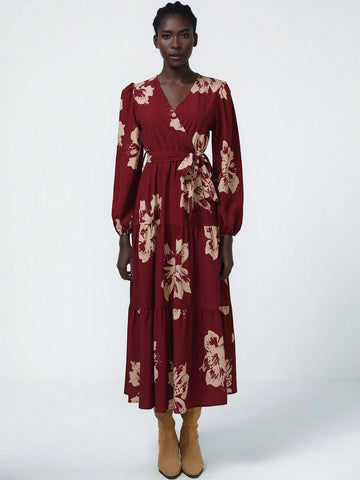 Aveloria Modichic Long Sleeve Women's Dress With Floral Print On Red Background, French Encore Design, Cinched Waist Waist Tea Length