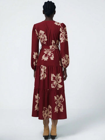 Aveloria Modichic Long Sleeve Women's Dress With Floral Print On Red Background, French Encore Design, Cinched Waist Waist Tea Length