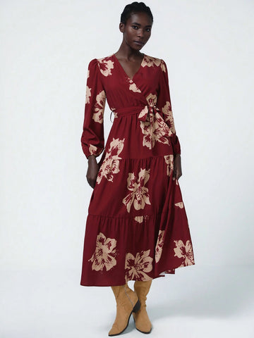 Aveloria Modichic Long Sleeve Women's Dress With Floral Print On Red Background, French Encore Design, Cinched Waist Waist Tea Length