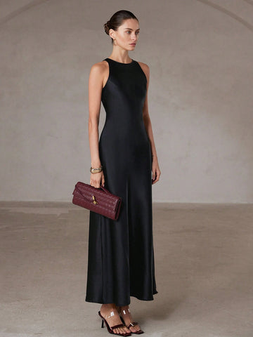 Aveloria Modichic Minimalist Chic Asymmetric Bias-Cut Double-Sided Satin-Like Fabric A-Line Sleeveless Long Dress For Women, Flattering And Versatile