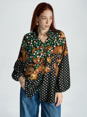 Modichic Multiple Color  Printed Stand Collar Lantern Sleeve Long Sleeve Shirt