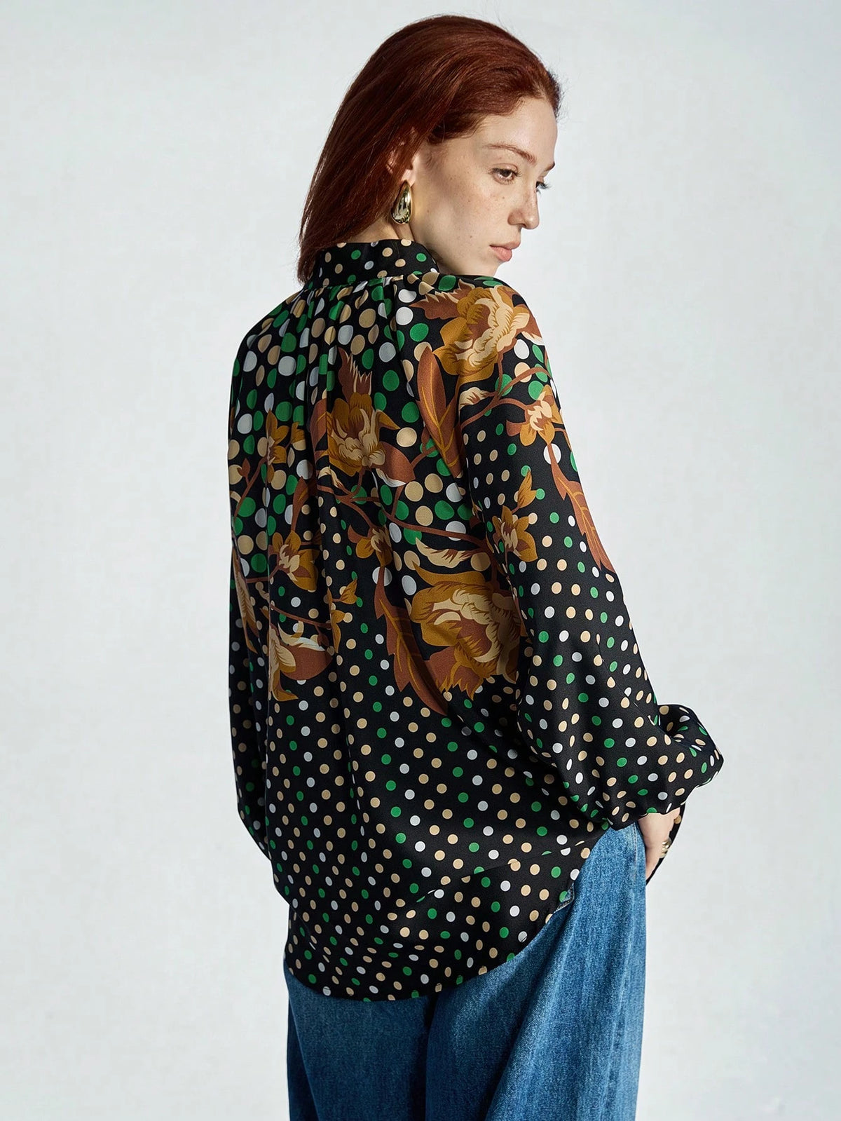 Modichic Multiple Color  Printed Stand Collar Lantern Sleeve Long Sleeve Shirt