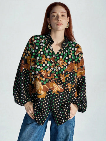 Modichic Multiple Color  Printed Stand Collar Lantern Sleeve Long Sleeve Shirt