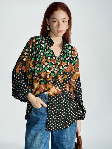 Modichic Multiple Color  Printed Stand Collar Lantern Sleeve Long Sleeve Shirt