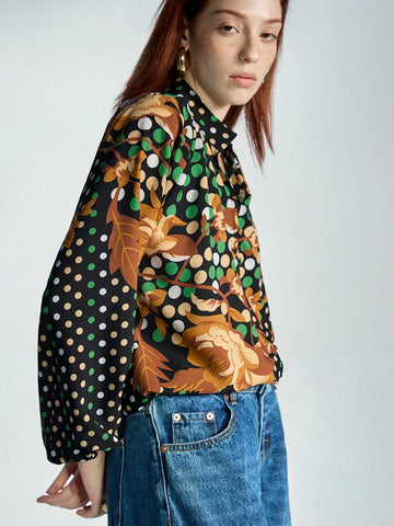 Modichic Multiple Color  Printed Stand Collar Lantern Sleeve Long Sleeve Shirt