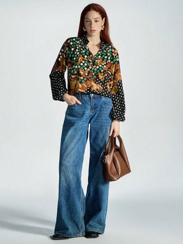 Modichic Multiple Color  Printed Stand Collar Lantern Sleeve Long Sleeve Shirt